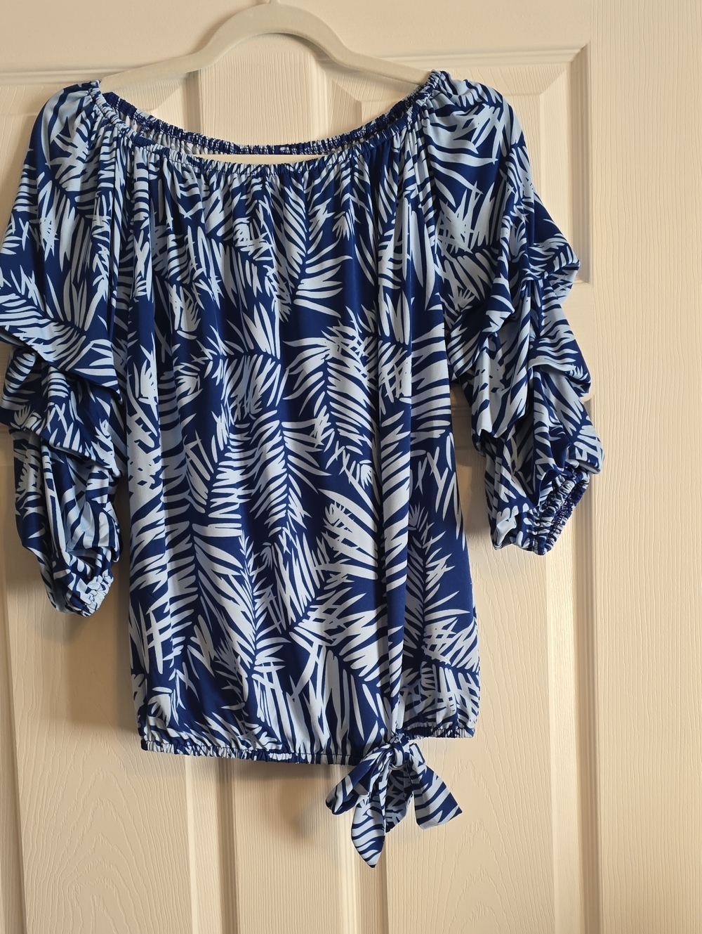 Blue Palm-Print Off-Shoulder Tie-Hem Blouse